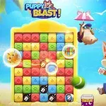 해변 배경에 여러 색상의 블록 퍼즐과 즐거워하는 강아지 캐릭터가 있는 이미지