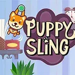 강아지 두 마리가 배경에 있는 물건들 앞에서 뛰어오르는 만화 스타일 이미지