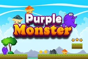 보라색 몬스터와 버섯이 있는 만화 스타일의 플랫폼 게임 배경