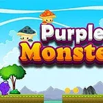 보라색 몬스터와 버섯이 있는 만화 스타일의 플랫폼 게임 배경