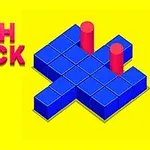 노란색 배경에 파란색 블록들이 배열되어 있고, 두 개의 빨간 원기둥이 서 있는 이미지