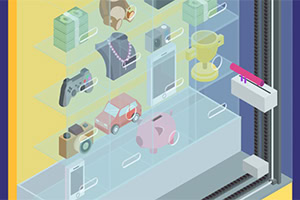 유리 상자 안에 진열된 여러 가지 물건(카메라, 스마트폰, 장난감 자동차, 돼지 저금통 등)과 이를 잡으려는 집게 기계