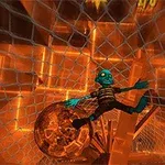 강렬한 주황색과 금속적인 배경 속에서 파란색 캐릭터가 그물에 걸려 있는 장면