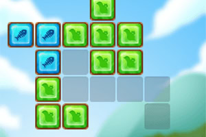 하늘 배경에 파란색 물고기 뼈 아이콘과 녹색 아바타가 그려진 블록들이 배열되어 있다