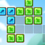 하늘 배경에 파란색 물고기 뼈 아이콘과 녹색 아바타가 그려진 블록들이 배열되어 있다