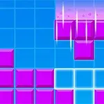 밝은 푸른 배경의 격자에 보라색 블록들이 쌓여 있고 위에서 다른 블록이 내려오는 모습입니다
