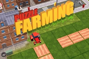 빨간색 트랙터가 밭을 갈고 있는 농장 풍경과 배경에 큰 글씨 PUZZLE FARMING이 있는 이미지