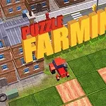 빨간색 트랙터가 밭을 갈고 있는 농장 풍경과 배경에 큰 글씨 PUZZLE FARMING이 있는 이미지