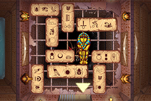 이집트 상형문자가 새겨진 타일과 미라가 그려져 있는 퍼즐 게임 화면
