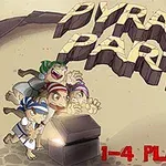 모래 위에서 네 명의 캐릭터가 열린 상자 앞에 서 있으며, 상단에는 PYRAMID PARTY라는 글자가 쓰여 있다