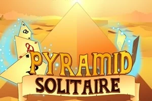 피라미드 앞쪽에 카드를 배경으로 PYRAMID SOLITAIRE라는 글자가 표시된 이미지