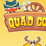 카우보이 모자를 쓴 캐릭터가 총을 쏘고 있으며, 뒤에는 나무 수레바퀴와 선인장이 있는 장면