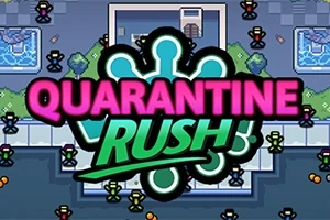 QUARANTINE RUSH라는 텍스트가 중앙에 있고, 주위에 다양한 색상의 작은 캐릭터들이 배치된 이미지