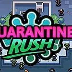 QUARANTINE RUSH라는 텍스트가 중앙에 있고, 주위에 다양한 색상의 작은 캐릭터들이 배치된 이미지