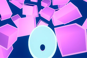 파란 배경에 분홍색의 입체적인 큐브들이 떠 있는 모습