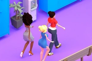 세 명의 애니메이션 여성들이 보라색 바닥을 걷고 있으며, 뒤에는 식물이 있는 복사기가 보입니다