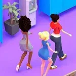 세 명의 애니메이션 여성들이 보라색 바닥을 걷고 있으며, 뒤에는 식물이 있는 복사기가 보입니다