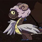 보라색 양의 털과 큰 뿔을 가진 날개 있는 캐릭터