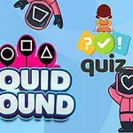 분홍색 옷을 입고 가면을 쓴 캐릭터들과 다양한 도형 및 퀴즈 아이콘이 있는 파란색 배경