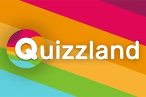 다채로운 색상의 배경 위에 Quizland라는 텍스트가 있는 이미지