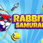 토끼가 빨간색 머리띠를 두르고 있고, 주변에 벌들이 날아다니고 있는 파란색 배경