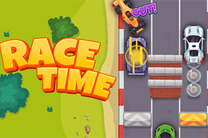 왼쪽에 RACE TIME이라는 텍스트가 있는 레이싱 트랙과 자동차들