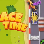 왼쪽에 RACE TIME이라는 텍스트가 있는 레이싱 트랙과 자동차들