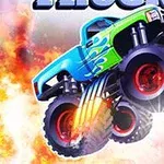 불타는 배경 위에서 점프하는 커다란 타이어와 푸른 색의 몬스터 트럭