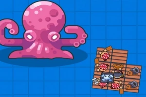 핑크색 문어가 큰 촉수를 뻗고 있고 나무 뗏목 위에 물건들이 놓여 있는 모습