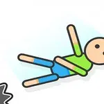 녹색 셔츠와 파란 바지를 입은 간단한 캐릭터가 기계 톱 사이에서 떠 있는 모습