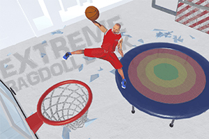 농구 선수가 트램폴린 위에서 점프하여 농구공을 덩크슛 하는 모습