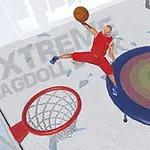 농구 선수가 트램폴린 위에서 점프하여 농구공을 덩크슛 하는 모습