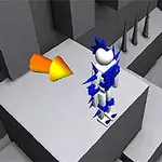 회색 블록 플랫폼 위에 파란색 뾰족한 장식이 있는 흰색 캐릭터와 주황색 화살표가 있습니다