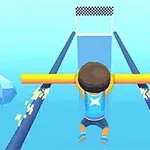 캐릭터가 노란 막대를 잡고 하늘색 길을 따라 장애물을 피하며 달리고 있는 모습