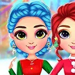 두 명의 캐릭터가 각각 파란색과 빨간색 머리로 화려한 의상을 입고 있다