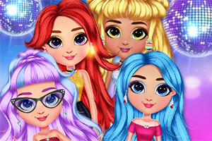 알록달록한 머리색을 가진 네 명의 소녀들이 반짝이는 배경 앞에 서 있다