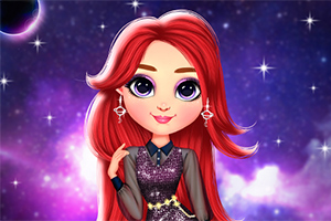 우주를 배경으로 긴 빨간 머리와 보라색 드레스를 입은 캐릭터가 있는 이미지