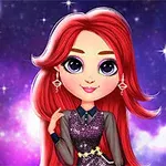 우주를 배경으로 긴 빨간 머리와 보라색 드레스를 입은 캐릭터가 있는 이미지