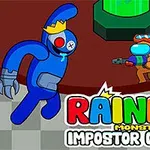 파란색 왕관을 쓴 괴물과 갈색 우주복을 입고 레이저 총을 든 캐릭터가 실내에 있는 그림