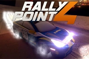 어두운 도로에서 밝은 전조등을 켜고 빠르게 주행 중인 경주용 자동차와 위에 큰 텍스트 RALLY POINT 4