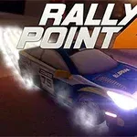 어두운 도로에서 밝은 전조등을 켜고 빠르게 주행 중인 경주용 자동차와 위에 큰 텍스트 RALLY POINT 4