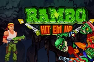 녹색 글자로 작성된 RAMBO HIT EM UP 제목 아래, 총을 든 남자가 좀비들과 대치하고 있는 장면
