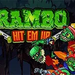 녹색 글자로 작성된 RAMBO HIT EM UP 제목 아래, 총을 든 남자가 좀비들과 대치하고 있는 장면