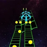 우주 배경에 초록색 선으로 이루어진 길 위에 파란색 공과 노란색 구가 놓여 있는 모습