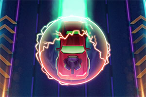 네온 불빛이 감싸인 붉은 자동차가 도로 위에 있는 모습