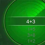녹색 원형 레이더 화면에 수학 문제 4+3과 숫자 목록이 표시되어 있습니다