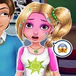 남자와 핑크색으로 변한 여자가 놀란 표정으로 서 있는 그림, 주변에 여러 이모지가 나타나 있다