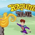 긴 금발 머리의 여성이 탑에 서 있고 남성이 그녀에게 달려가는 장면