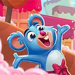 파란색 곰이 사탕과 과자로 가득한 밝고 화려한 배경에서 즐겁게 팔을 벌리고 있는 모습