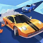 노란색 스포츠카가 검은 줄무늬와 함께 도로를 주행하고 있으며, 뒤에 파란색 차가 있습니다